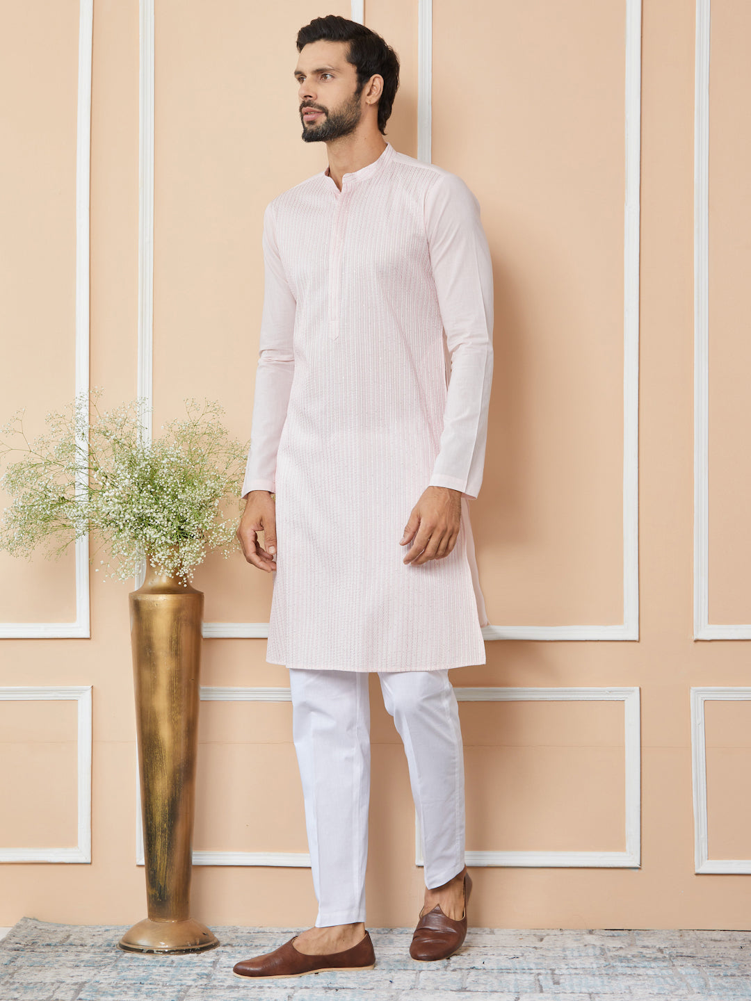 Light Pink Thread & Sequins Worked Pure Cotton Straight Kurta with Pyjama