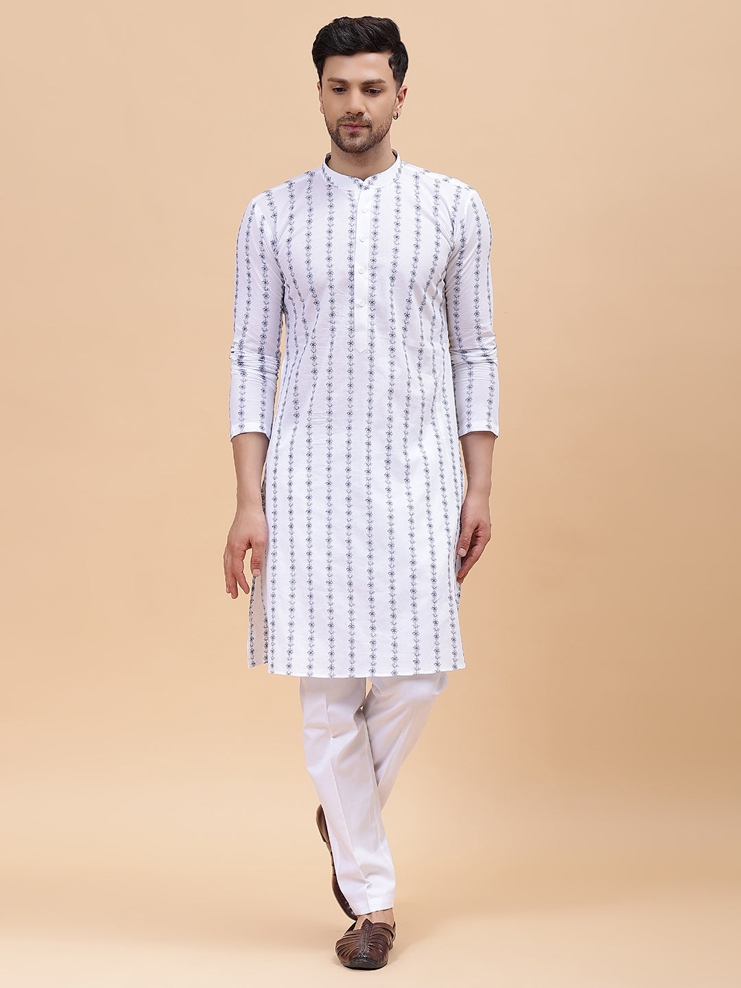 Men White & Blue Pure Cotton Embroidered Straight Kurta