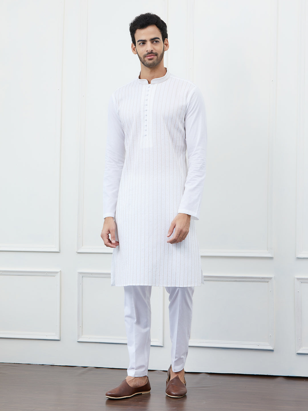 Men White Cotton Gold Thread Work & Sequince Kurta