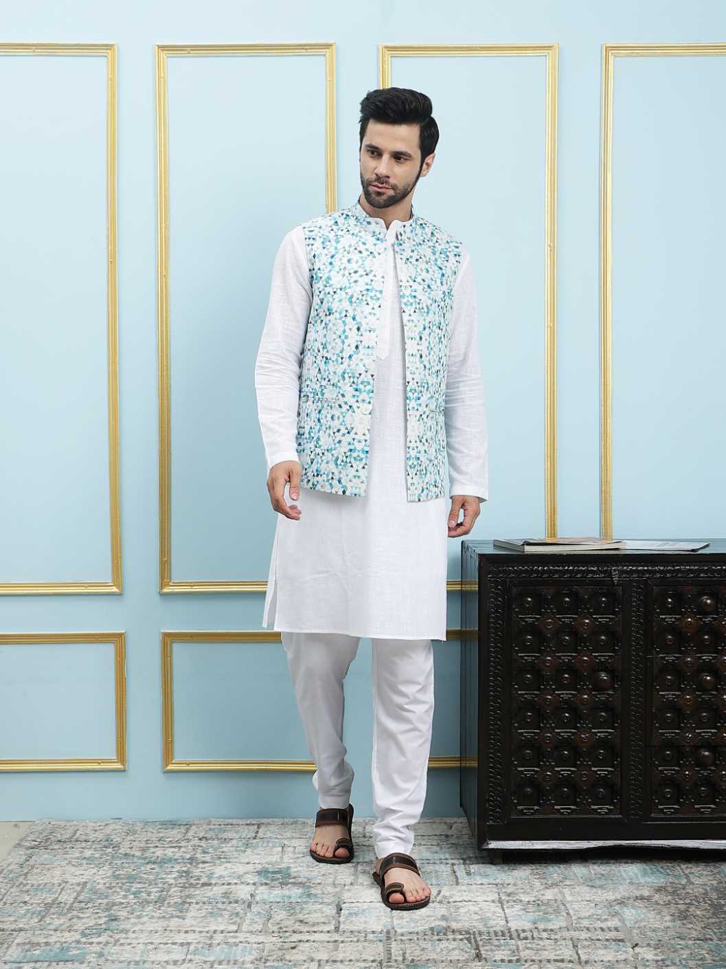 Men Aqua Prism Digital Print Cotton Nehru Jacket