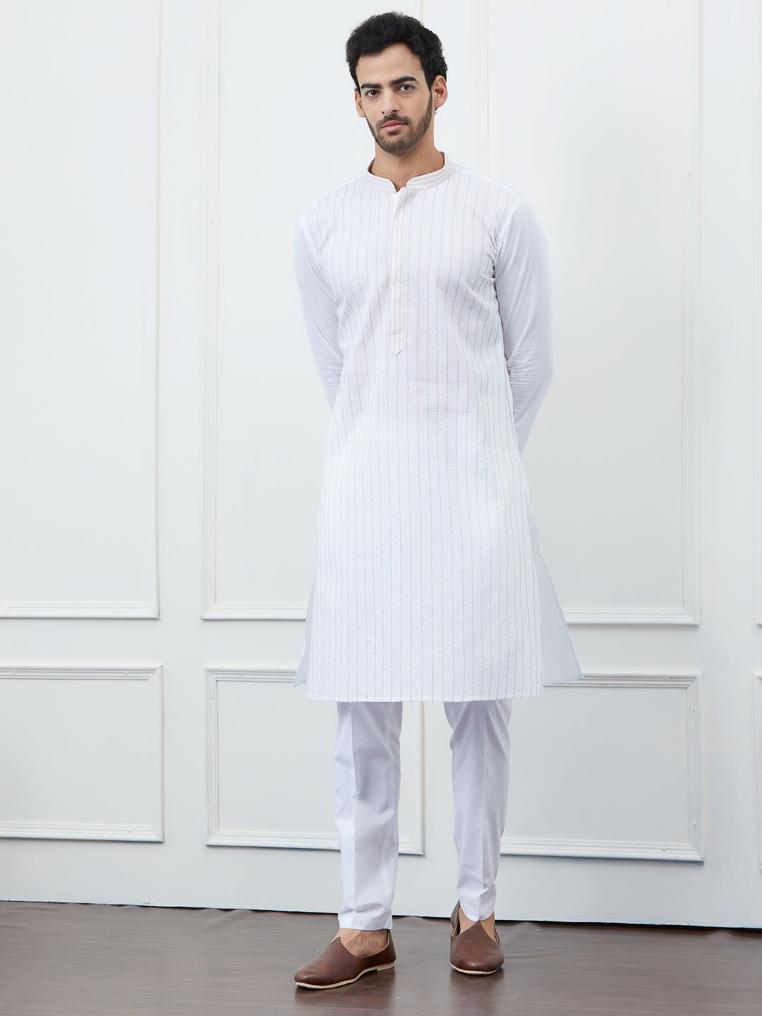 Classic White Cotton Gold Thread Work & Sequence Kurta