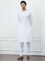 Classic White Cotton Gold Thread Work & Sequence Kurta