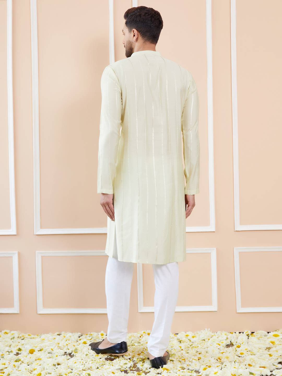 Men Cream with Subtle Golden Stripes Chanderi Silk Sequins Kurta With Pajama