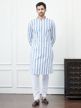 Men White And Blue Chikankari Embroidered Cotton Kurta