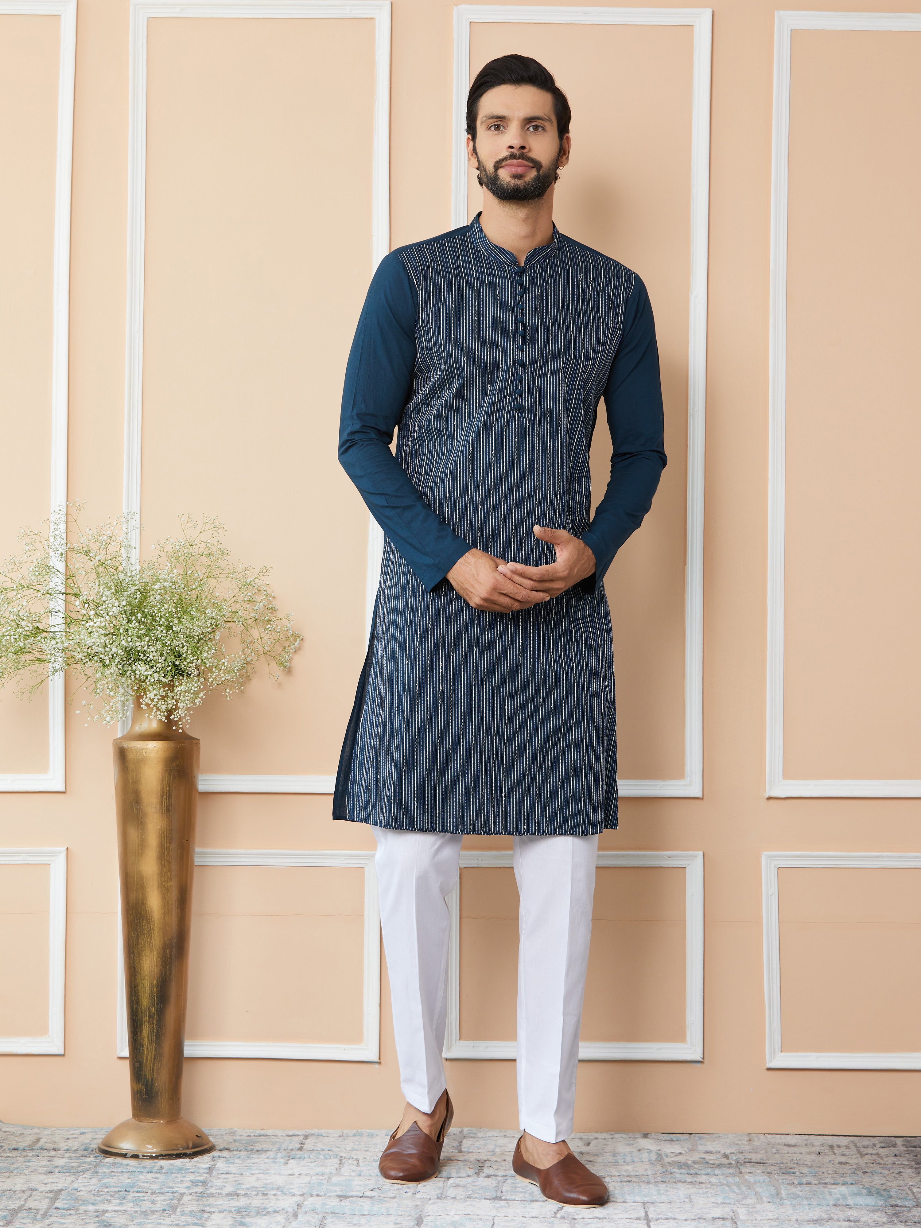 Dark Blue Thread & Sequins Worked Pure Cotton Straight Kurta with Pyjama
