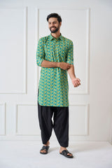 Men Green Regular Pure Cotton Pathani Kurta With Black Salwar