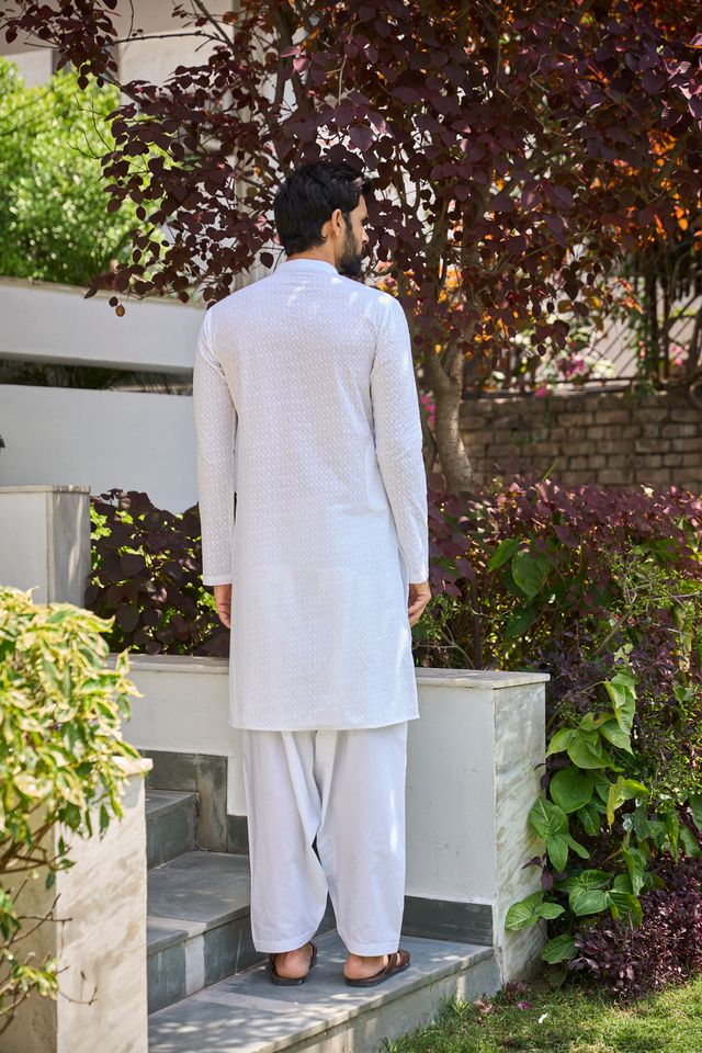 Men White Chikankari Embroidered Straight Kurta With White Salwar