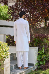 Men White Chikankari Embroidered Straight Kurta With White Salwar