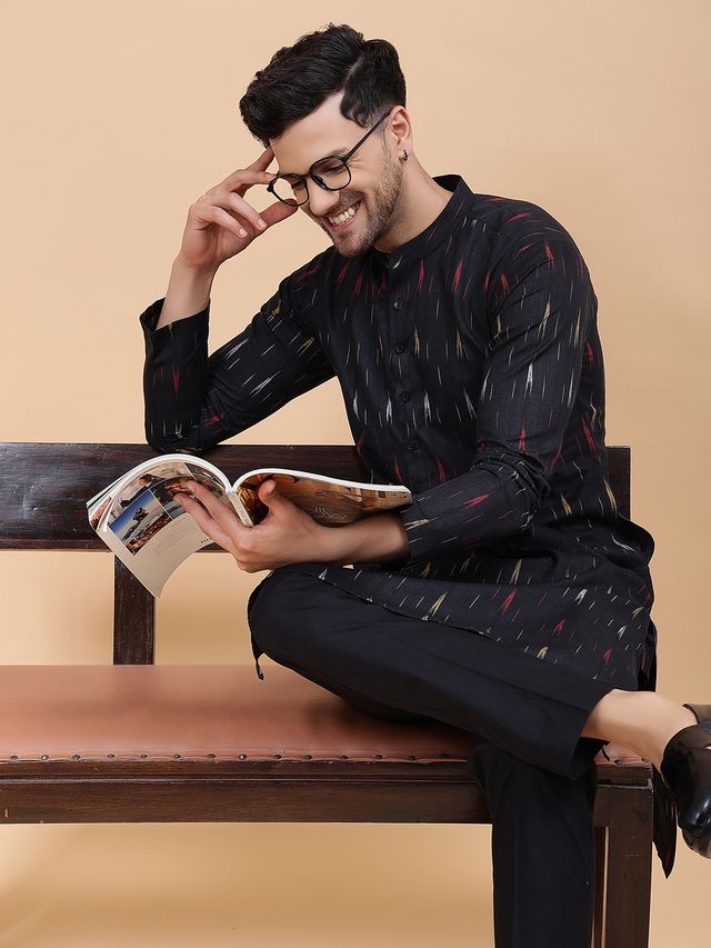 Men Black & Red, Yellow,White Pure Cotton Printed Straight Kurta With pyjama