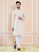 Men Cream Cotton Solid Straight Kurta