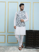 Men White And Blue Color Printed Cotton Nehru Jacket