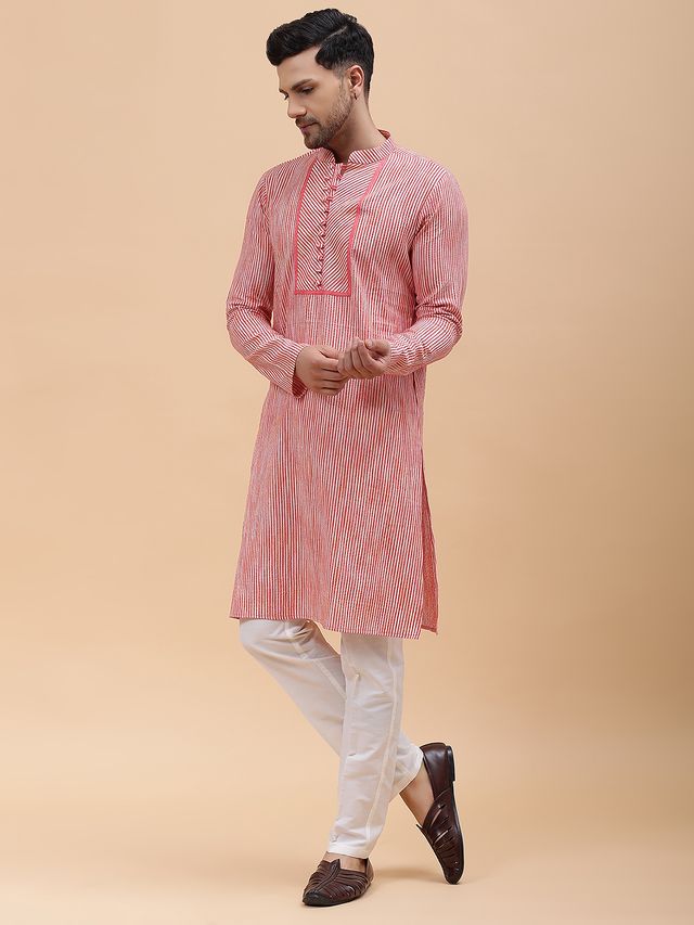 Men Pink Stripe Pure Cotton Printed Straight Kurta With pyjama