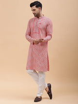 Men Pink Stripe Pure Cotton Printed Straight Kurta With pyjama