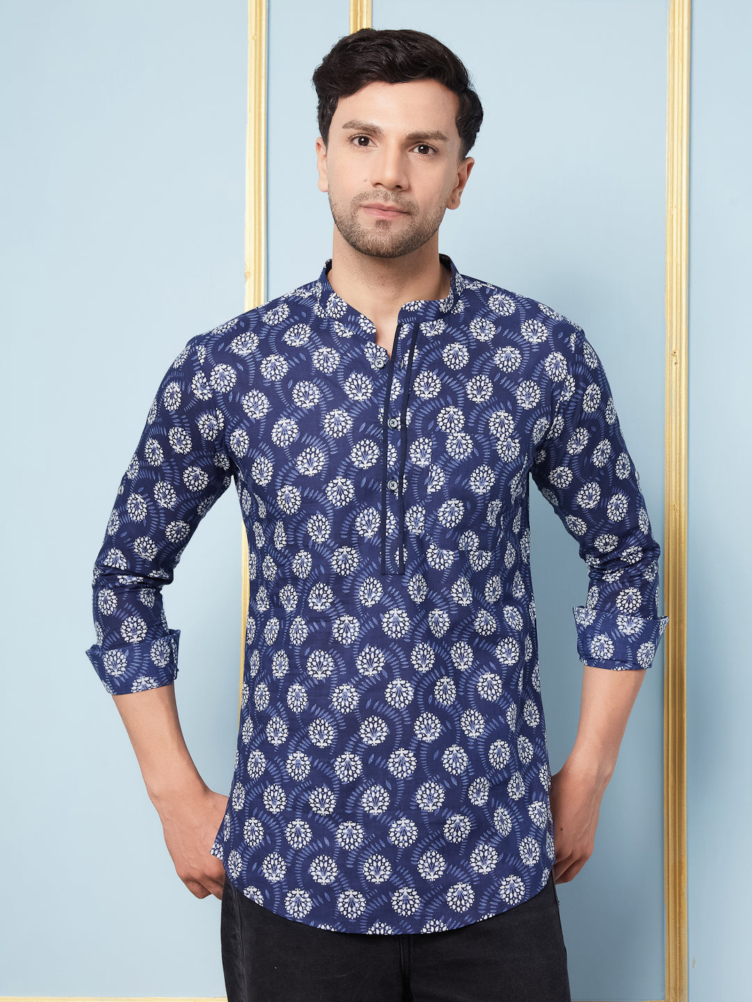 Men Blue White Indigo Printed Cotton Short Kurta