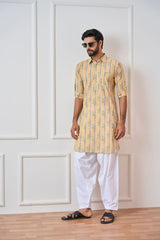 Yellow Regular Pure Cotton Pathani Kurta With White Salwar