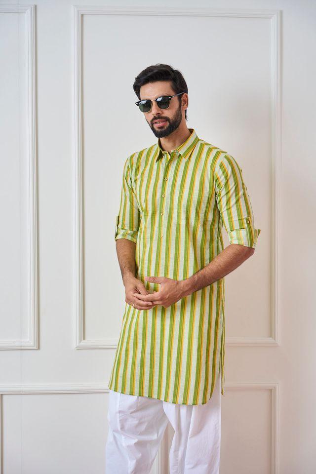 Men Lime Green Regular Pure Cotton Pathani Kurta With White Salwar