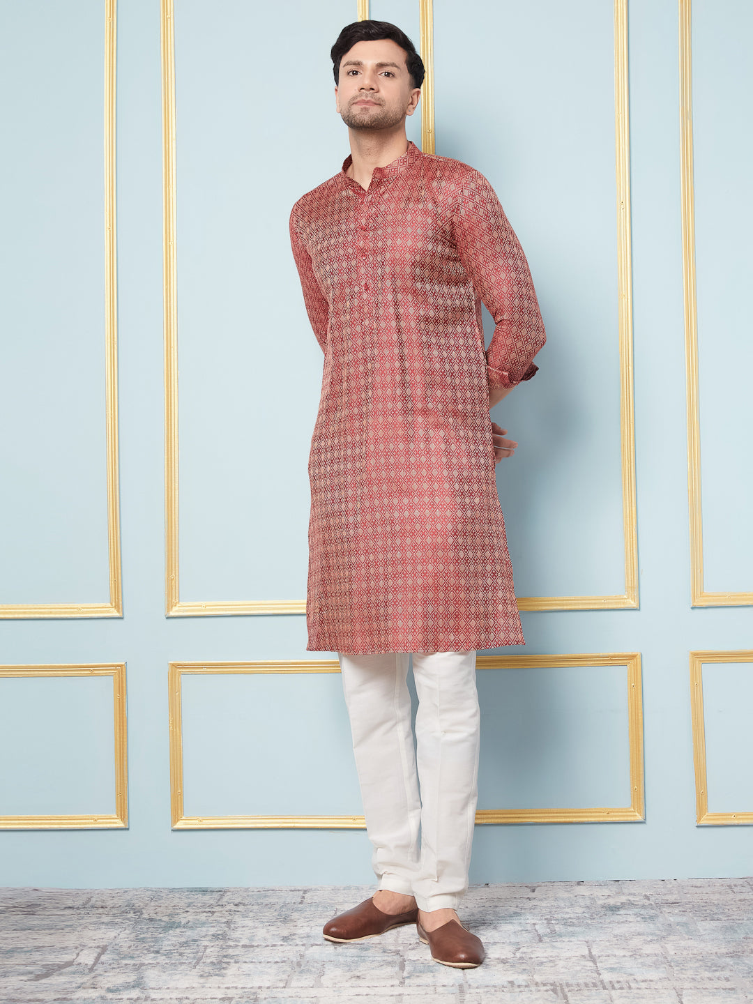 Men Maroon & Gold Woven Design Thread Work Kurta With pyjama