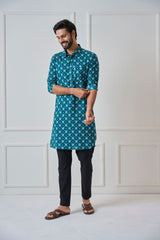 Men Teal Blue Regular Pure Cotton Pathani Kurta With Black Pyjama
