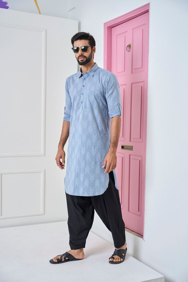 Men Light Grey Regular Pure Cotton Pathani Kurta With Black Salwar