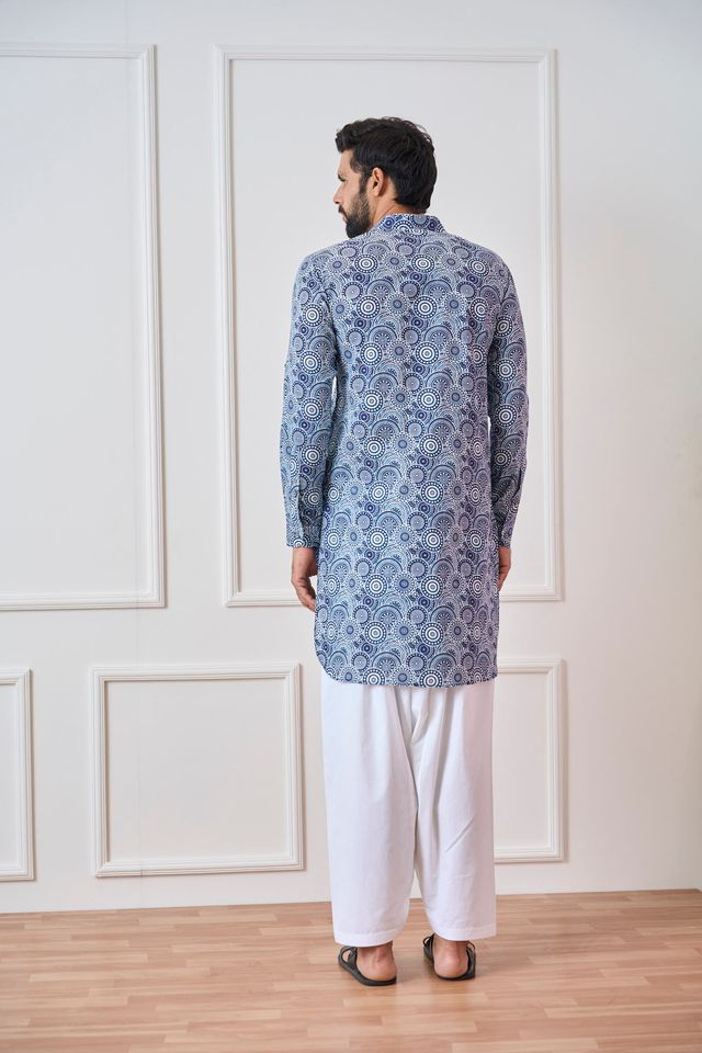 Men Blue Regular Pure Cotton Pathani Kurta With White Salwar