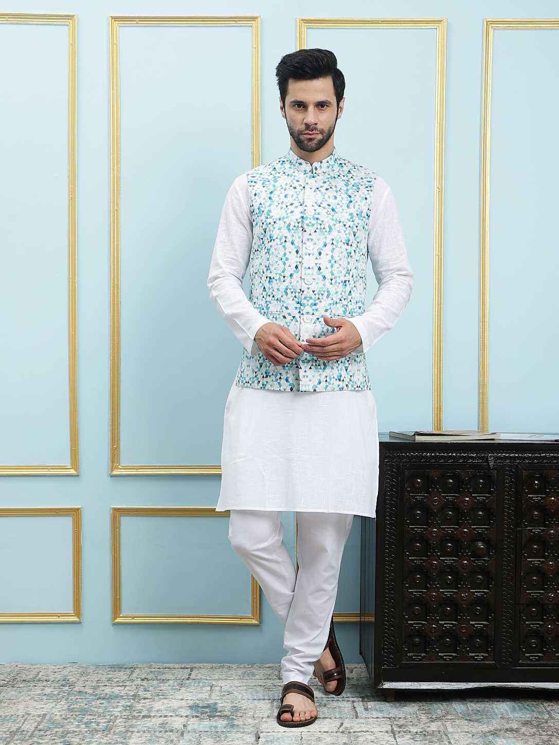 Men Aqua Prism Digital Print Cotton Nehru Jacket