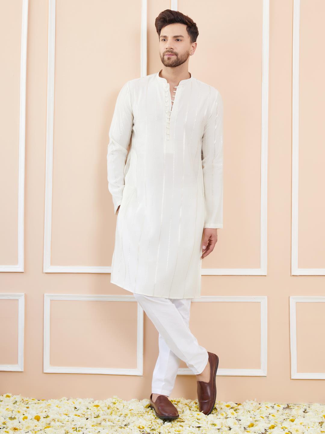 Men Ivory with Subtle Golden Chanderi Silk Sequins Kurta With Pajama