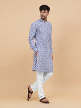Men Grey and White Printed Kurta With pyjama