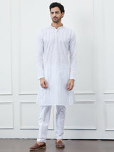 Men White Cotton Blue Thread Work & Sequince Kurta