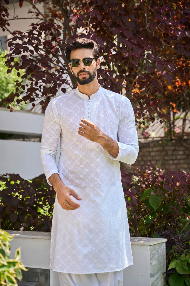 Men White Chikankari Embroidered Straight Kurta With White Salwar