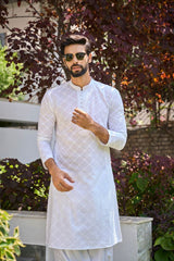 Men White Chikankari Embroidered Straight Kurta With White Salwar