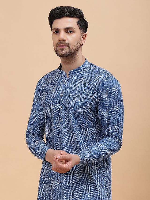 Men Blue Pure Cotton Printed Straight Kurta With pyjama