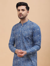 Men Blue Pure Cotton Printed Straight Kurta With pyjama