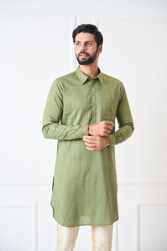 Men Olive Regular Pure Cotton Pathani Kurta With Gold Pyjama