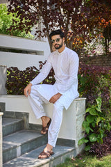 Men White Chikankari Embroidered Straight Kurta With White Salwar