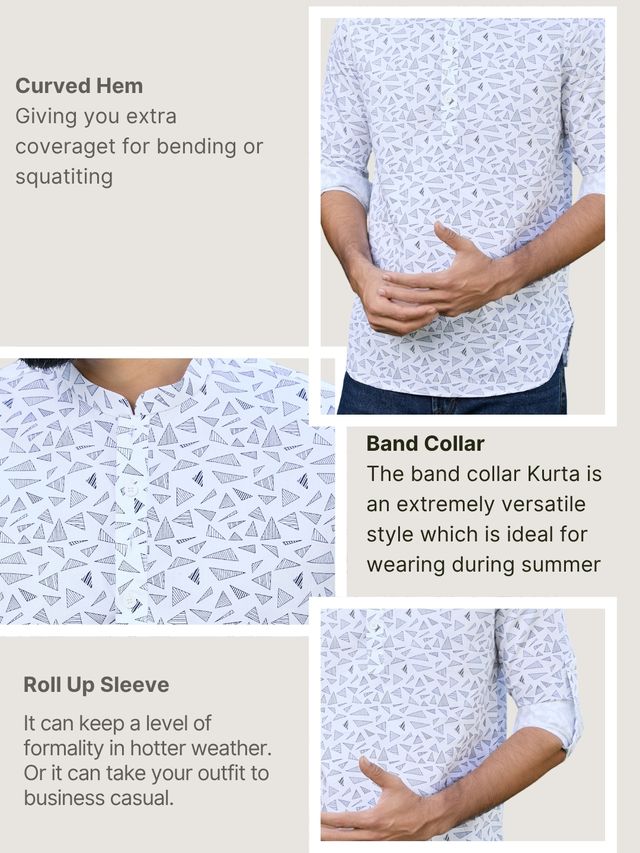 White Geometric Printed Rayon Short Kurta
