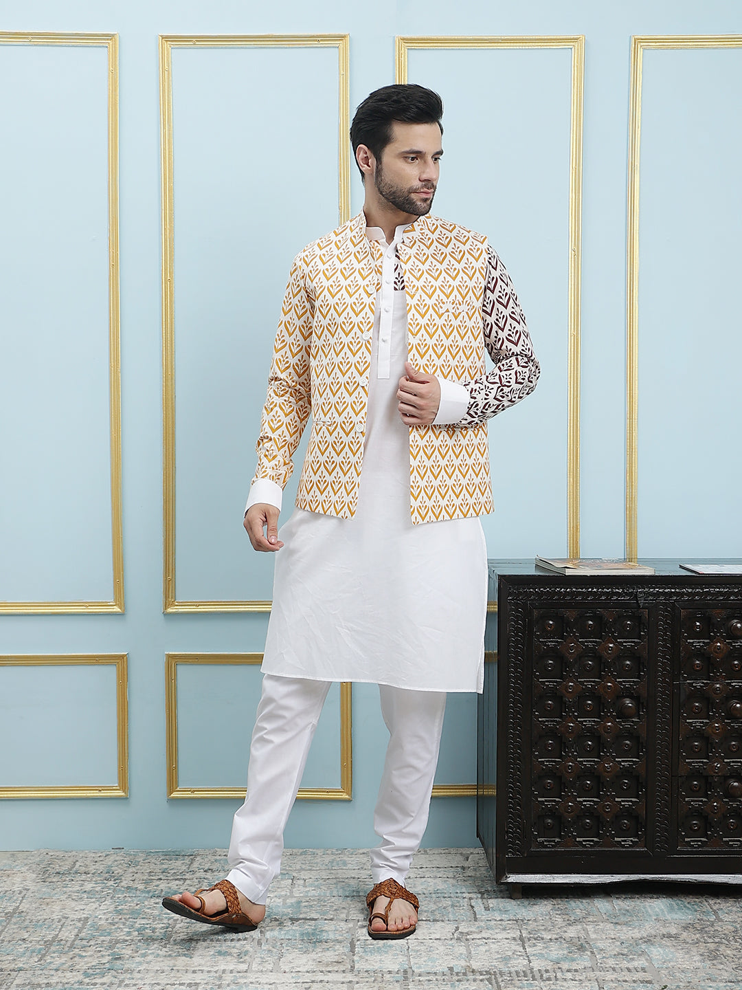 Men Off White And Yellow Color Printed Cotton Nehru Jacket