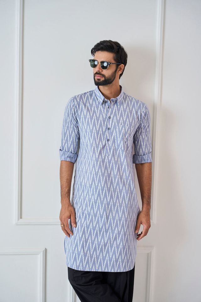 Men Light Grey Regular Pure Cotton Pathani Kurta With Black Salwar