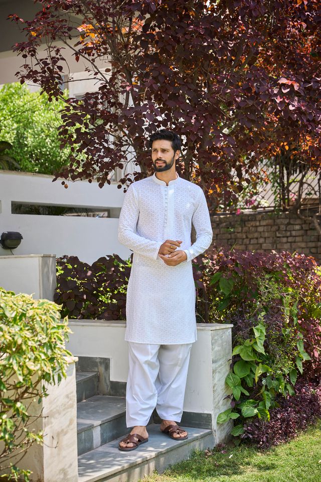 Men White Chikankari Embroidered Straight Kurta With White Salwar