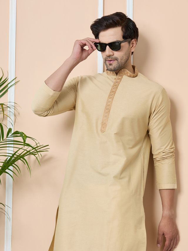 Beige Delux Cotton Straight Kurta with Embroidered Neck