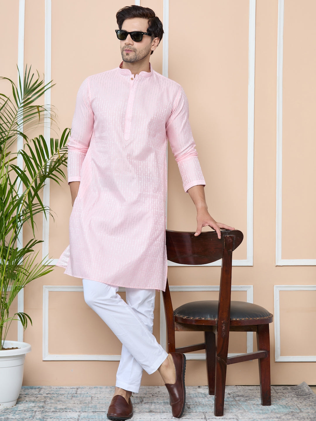 Light Pink Silk jacquard Straight Kurta with Pyjama