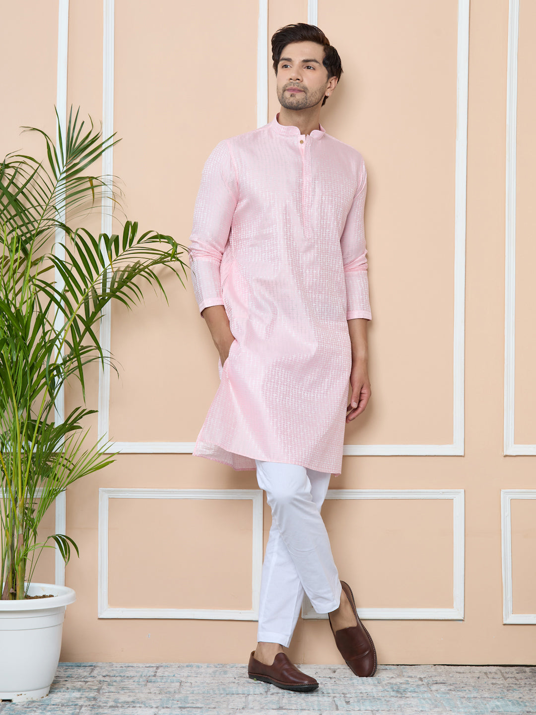Light Pink Silk jacquard Straight Kurta with Pyjama