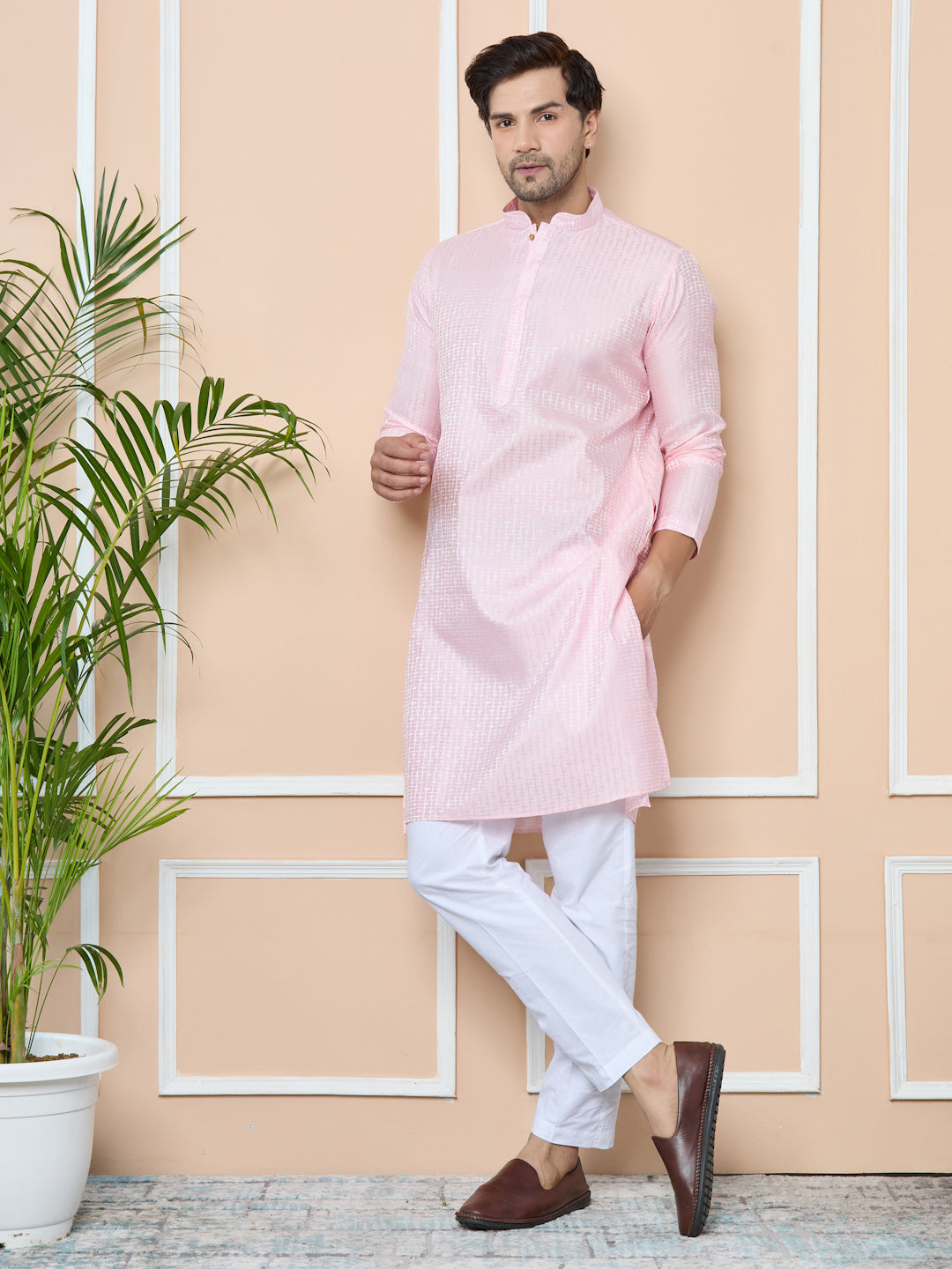 Light Pink Silk Jacquard Straight kurta