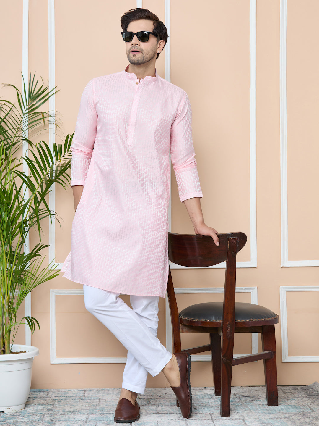 Light Pink Silk Jacquard Straight kurta