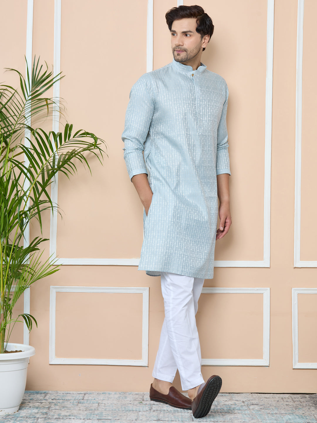 Aqua Blue Silk Jacquard Straight kurta