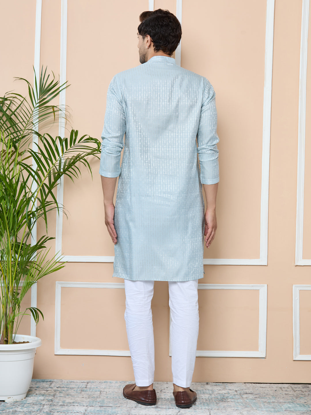 Aqua Blue Silk jacquard Straight Kurta with Pyjama