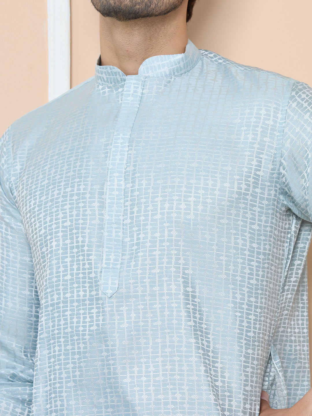 Aqua Blue Silk jacquard Straight Kurta with Pyjama