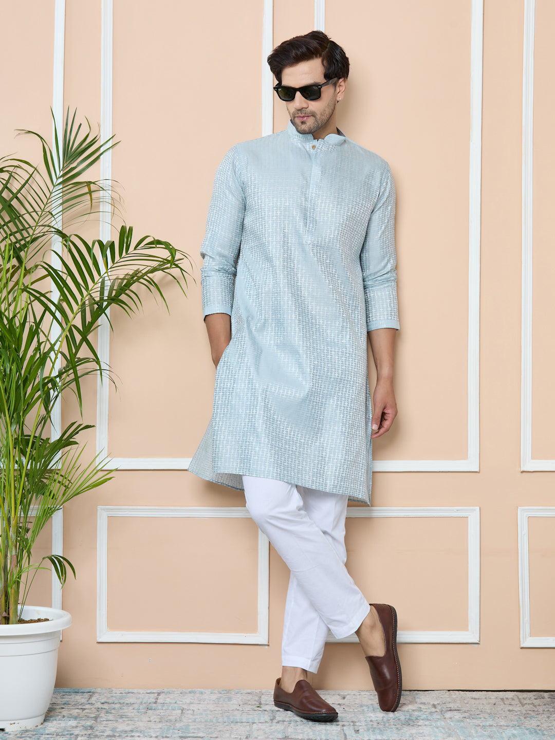 Aqua Blue Silk jacquard Straight Kurta with Pyjama