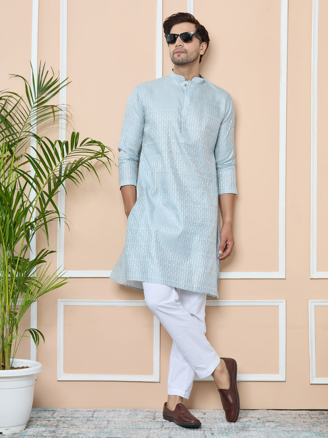 Aqua Blue Silk jacquard Straight Kurta with Pyjama