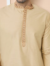 Beige Delux Cotton Straight Kurta with Embordered Neck and Pyjama