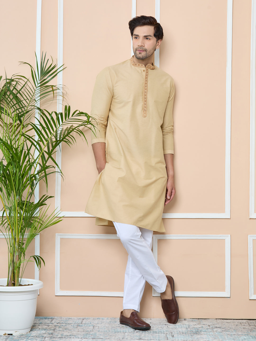 Beige Delux Cotton Straight Kurta with Embordered Neck and Pyjama